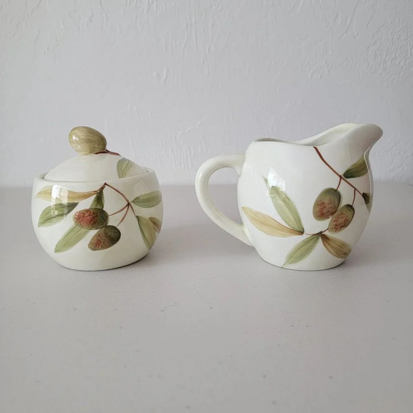 Nicoise by HOME Ceramic Sugar Bowl and Creamer Olive and Leaves Theme Set of 2 - Picture 3 of 7